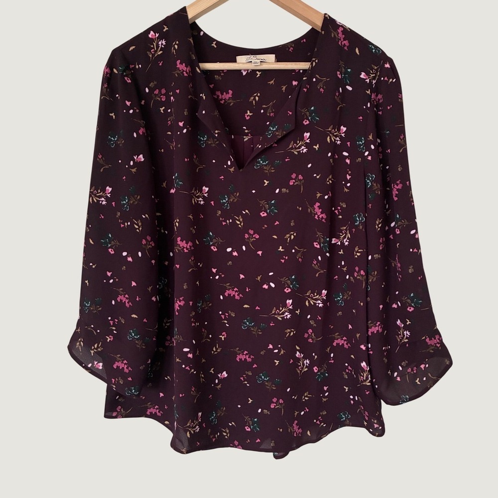 Les Serein Womens Floral V-Neck Blouse Burgundy Pink XL Boho Office
